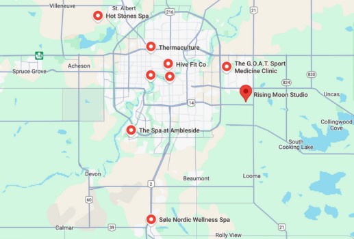 Map of Edmonton with pins set to locations of saunas mentioned in the post.